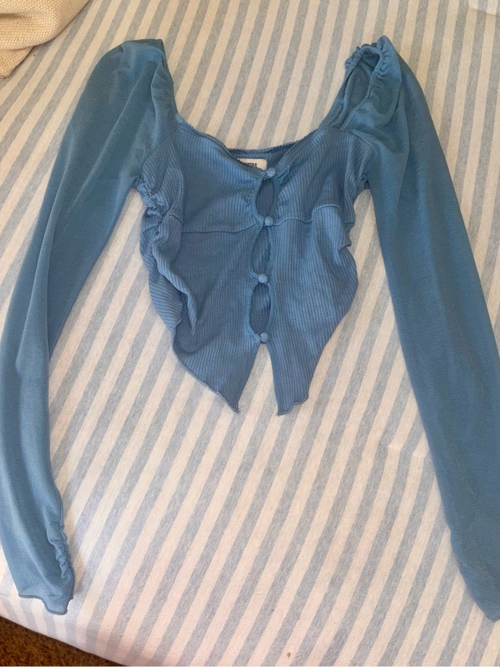 Urban Outfitters Dusty Blue Long-Sleeve Ribbed Going Out Crop Top